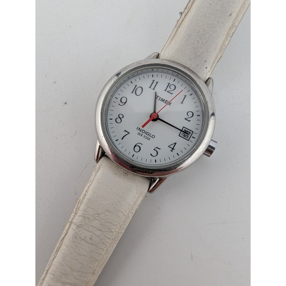 Timex Indiglo Womens Watch 25mm Silver Tone White Leather Band- New Battery